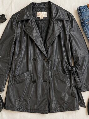 Renee Raquel Black Faux Leather Belted Trench Coat
